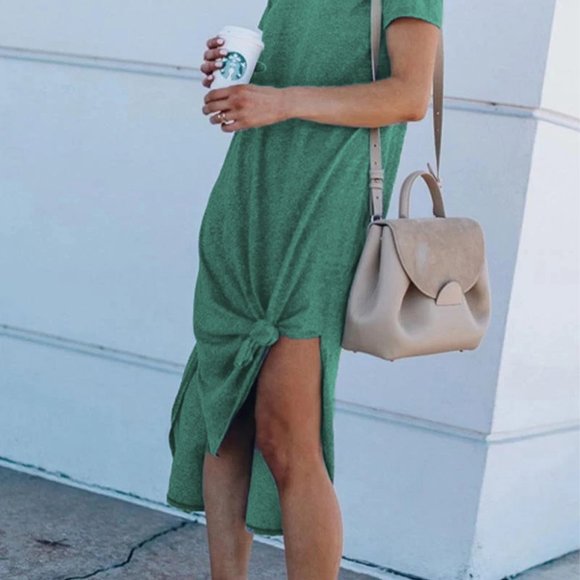 Green Casual Short Sleeve T-shirt Midi Dress with High Splits - Picture 3 of 14